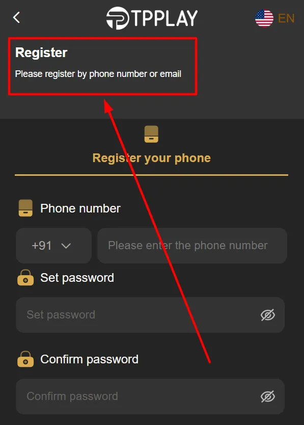 New player completing the registration process on the TPPlay app